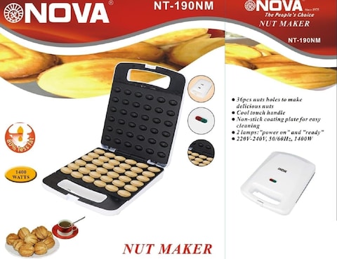 36 PCS Walnut Cookie Maker,1400W Double Side Heating, Non-Stick Electric Nut, Walnut, Cake &amp; Biscuits Maker, Mini Nut Breakfast Machine, Baking Tool for Home Kitchen, White