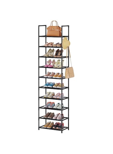 Shoe Rack 10-Tier Metal Narrow Shoe Organizer 20 Pairs Tall Shoe Storage Rack with Hook, Vertical Shoe and Boots Organizer, Shoe Shelf Organizer for Entryway Closet Hallway Black