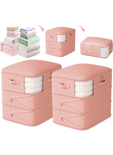 Self Compression Comforter Storage Bag, Ultra Space Saving 3-Layer Compression Large Capacity Storage Bags for Bedding, Duvet, Down Jacket (Pink, Large-21.3"x16.5" x23.6")