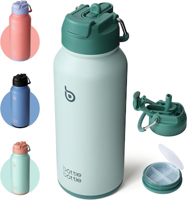 bottle Insulated Stainless Steel Water Bottle 32oz capacity. Great for Sports, Travel &amp; Gym. Includes Straw and Pill Box, Dual Use - Green