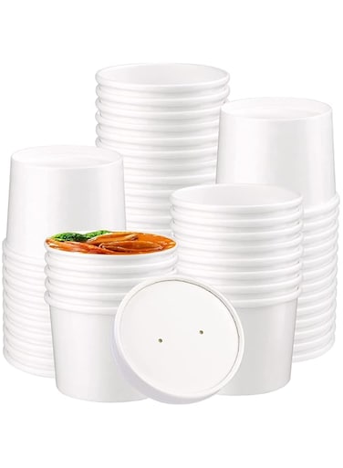 50 Pcs 12oz White Kraft Paper Soup Bowls With Vented Lid Disposable Food Cups. Great For Restaurants, Take-Outs, Or To-Go Lunch by SNH Packing