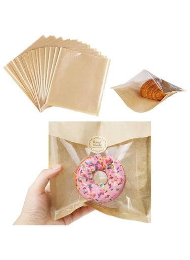 Tazweeq Bakery Bags, Dessert Bags with Window, Greaseproof Heat Sealable Kraft Paper, Suitable for Donuts, Baked Goods, Sandwiches, Cookies and Other Baked Goods