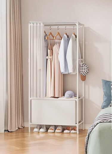 Metal 3-in-1 Coat Rack, Hall Tree, Storage Bench for Entryway with Industrial Metal Frame and Shelves for Shoes , Closets for Hanging Clothes with Hanging Rods,for Living Room, Bedroom, Clothes Room,With curtain, White-166x62x43cm