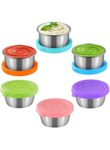 6pcs Leakproof Stainless Steel Salad Dressing Containers, 1.7oz - Reusable Condiment Cups with Silicone Lids for Lunch Boxes, Picnics &amp; Travel Lunch Containers Meal Prep Containers