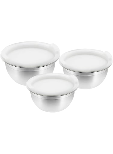 Raj Stainless Steel Mixing Bowl with Plastic Lid, 14 / 16 / 18 CM, VPI014, 3 Pieces Serving Bowl Set , Storage Container Set , Meal Prep Containers with Lid
