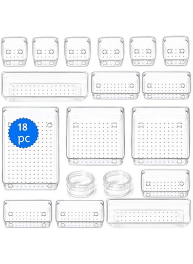 SEVENDOT7 18 pc Drawer Organizer Set Clear Acrylic Trays for Desk Storage Fridge cutlery craft supplies tools, stackable tray for office kitchen bedroom bathroom craft room pantry (18 pc set)