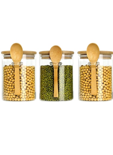 3-Pack 800ml(28.16oz) Glass Jars With Aitight Bamboo Lids and Spoon,Spice Jars Overnight Oats Jars Breakfast Jars Sugar Salt Coffee Tea Candy Cookies Jars, Kitchen Storage(3Pack800ML)