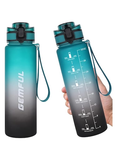 GEMFUL Water Bottle 1L with Straw Time Marker Tritan BPA Free for Fitness Gym Outdoor Sports (Green/black)