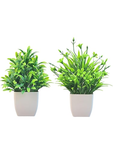 Aohellfe 2 Pieces Fake Potted Mini Artificial Plants, Indoor Home Green Decorations, Artificial Green Decorative Grass with White Planter for Home Office. (lilac+sweetgrass)