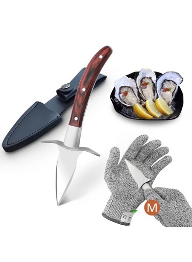 with Premium Quality Wood-Handle 5-Leve Protection Food Grade Shucking Knife and Gloves Oyster Shucking Kit