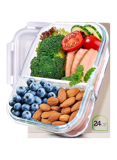 Prep Naturals Glass Meal Containers Glass 2 Compartment - Glass Food Storage Containers Glass Storage Containers with Lids - Divided Glass Lunch Containers Food Container 24 Ounce