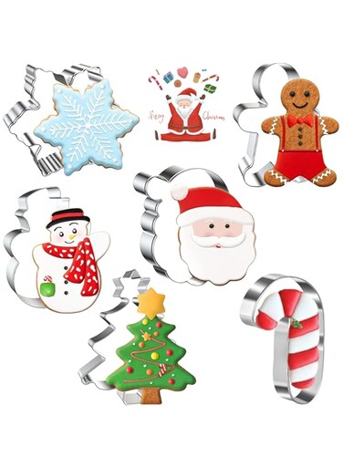 NESLIN 6pcs Christmas Cookie Cutters, Holiday Cookie Cutter Snowflake, Gingerbread Man, Christmas Tree, Snowman, Santa, Candy Cane Stainless Steel Cookie Cutter for Biscuit Fondant Xmas Party