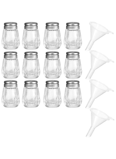 Excefore Pepper Shakers, Pack of 12 Bulk Salt and Pepper Shakers with Funnel Tool, Clear Glass Mini Salt and Pepper Shakers Set with Stainless Steel Tops for Wedding Table &amp; Party