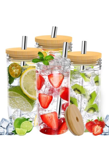 4-Piece Glass Tumbler with Bamboo Lid and Straw Wide Mouth Mason Jar Cups Boba Cup Glass Water Bottles Ideal for Iced Coffee and Tea 750ml