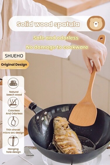 3pcs beech wood spatula non-stick pan special wooden stir-fry spatula wax-free high temperature resistant food grade long handle wooden spatula