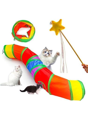Showay Cat Tunnel With Play Ball, Foldable Rainbow Cat Play Tunnel With Cat Teaser Stick, S Tunnel For Indoor Cat Tube Kitty Tunnel Toy For Pet Puppy Kitty Kitten, cattunnel01-CR