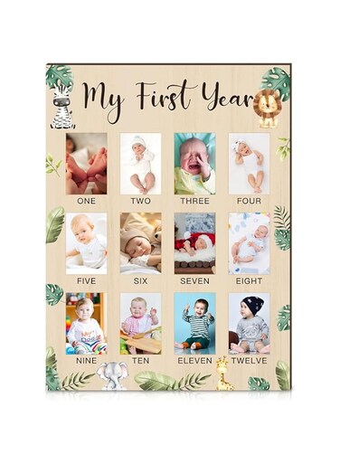 My First Year Photo Display Board Wooden Baby Picture Frame 12 Months Newborn Photo Board First Birthday Nursery Decorations Gifts for Boys My First Year Jungle Baby Keepsake Board for Boys Girls