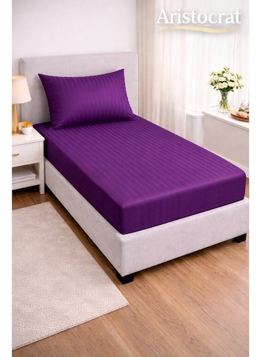 2-Piece Striped Microfiber Fitted Sheet Set Single 90x200cm &acirc;&euro;&ldquo; Soft Elastic Deep Pocket 17cm Bedsheet with 1 Pillowcase 50x70cm, Purple Microfiber Purple Single