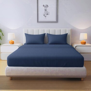 MUSA Striped 3 Piece Fitted Sheet Set California King Size - Navy