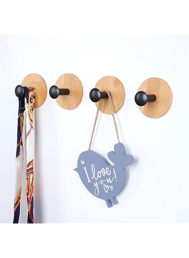 NALACAL Towel Wooden Wall Hooks, Modern Coat Hooks Heavy Duty Adhesive Hooks for Hanging Hats Towels Robe Clothes Keys Bags, 4 Pcs - Black