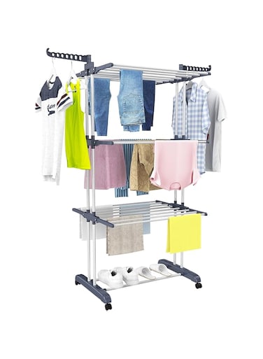 HOMIDEC Clothes Drying Rack, Oversized 4-Tier(67.7" High) Foldable Stainless Steel Movable Drying Rack with 4 castors, 24 Drying Poles &amp; 14 Hooks for Bed Linen, Clothing, Grey