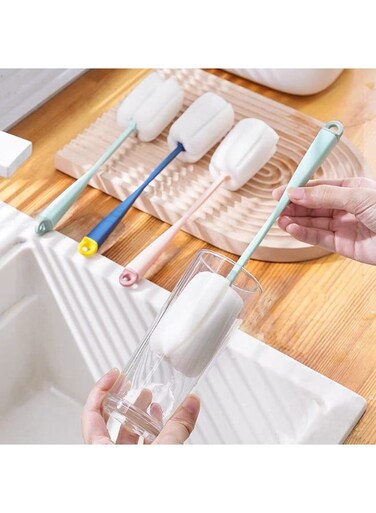 فرشاة تنظيف زجاجات إسفنجية ذات مقبض طويل - فرشاة تنظيف أكواب دوارة 360 درجة لزجاجات المياه والأواني الزجاجية وزجاجات الأطفال والترمس - فرشاة تنظيف إسفنجية ناعمة بمقبض مريح (مجموعة من 4 قطع)