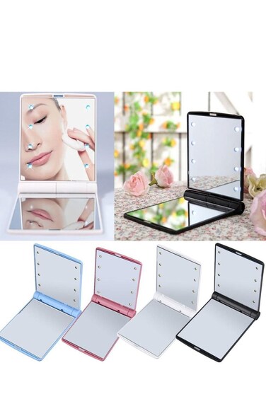 مرآة مكياج LED محمولة قابلة للطي، ثنائية الطي، مناسبة للطلاب، مزودة بـ 8 مصابيح LED.