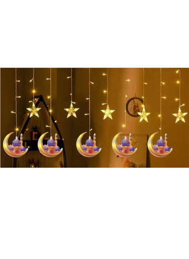 فانوس بيج مع سلسلة إضاءة LED، مزين بنجوم وأقمار، مثالي لرمضان وكريم وعيد الفطر وحفلات الزفاف، زينة أسطوانية مضيئة بتقنية LED