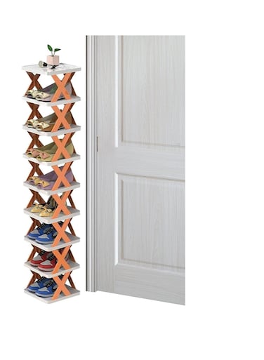 رف أحذية قابل للطي من 9 طبقات من بايج، منظم أبواب، خزانة أحذية بلاستيكية ضيقة، أرفف أحذية نسائية لمدخل المنزل، صندوق تخزين أحذية رياضية