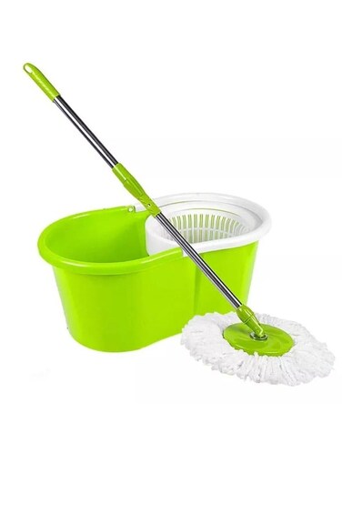 مجموعة ممسحة دلو دوارة 360 درجة من بايج مع نظام عصر في رؤوس من الألياف الدقيقة، وسلة من الفولاذ المقاوم للصدأ، ومقبض ممتد بطول 61 بوصة لتنظيف الأرضيات