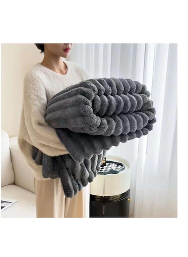 بطانية بيج من الفرو الصناعي السميك والدافئ، مصنوعة من شعر الأرانب الرمادي الناعم بنقشة مربعات، مناسبة للسرير المزدوج وغطاء الأريكة الشتوية، مقاس 200 × 230 سم