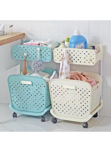 Generic 2-Tier Rolling Laundry Basket &amp; Bathroom Organizer - Multi-Purpose Utility Cart With Detachable Basket And Top Shelf - Space-Saving Storage Trolley With Wheels For Laundry Room And Bathroom