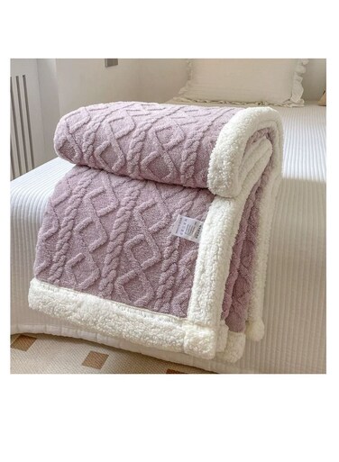 بطانية دافئة سميكة بتصميم شتوي وصيفي عام، بطانيات صناعية بحجم سوبر كينج، طبقتان من الصوف الناعم، أغطية سرير، 200 × 230 سم - بنفسجي