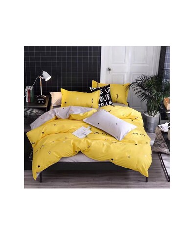 طقم لحاف بيج مكون من 4 قطع، ناعم ومريح، مصنوع من القطن، مناسب لجميع الفصول، مع حشوة داخلية.