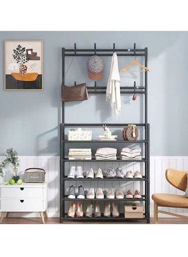 رف معاطف وأحذية معدني من 5 طبقات من بيج مع 8 خطافات، مناسب لغرفة المعيشة، غرفة النوم، المكتب، منظم تخزين الأحذية