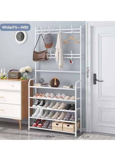 رف معاطف وأحذية معدني من 5 طبقات من بيج مع 8 خطافات، مناسب لغرفة المعيشة، غرفة النوم، المكتب، منظم تخزين الأحذية