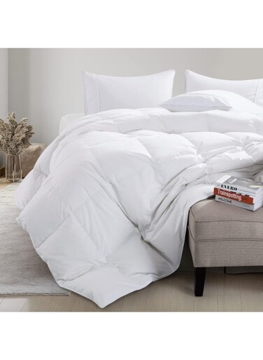 لحاف فاخر أبيض من الريش - مقاس 160×200 سم - غطاء خارجي فائق النعومة من القطن الخالص 100%، خفيف الوزن، يوفر الدفء في جميع الفصول