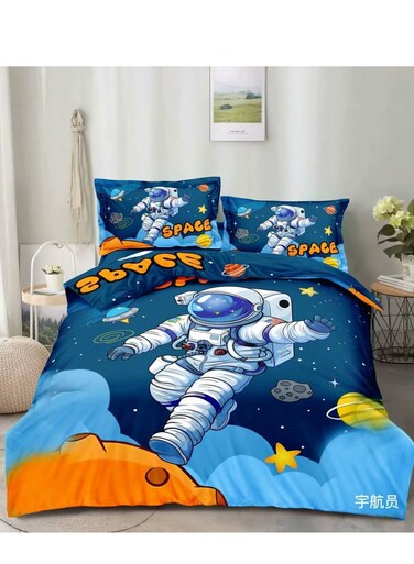 طقم لحاف بيج مفرد مكون من 4 قطع، مقاس 160×210 سم، ملاءات مثبتة مقاس 120×200 سم + 30 سم، مصنوع من القطن والبوليستر، بشخصية كرتونية