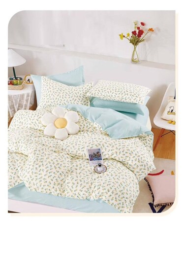 طقم مفروشات بيج مكون من 4 قطع - غطاء لحاف 160×210 سم + شرشف مطاطي + 2 غطاء وسادة، قطن 100%