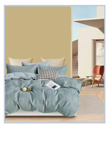 طقم مفروشات بيج مكون من 4 قطع - غطاء لحاف 160×210 سم + شرشف مطاطي + 2 غطاء وسادة، قطن 100%