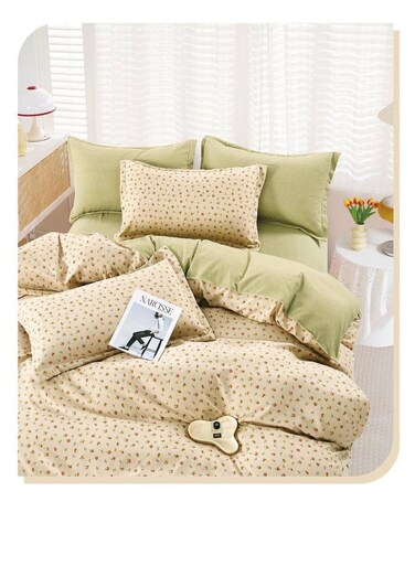 طقم مفروشات بيج مكون من 4 قطع - غطاء لحاف 160×210 سم + شرشف مطاطي + 2 غطاء وسادة، قطن 100%