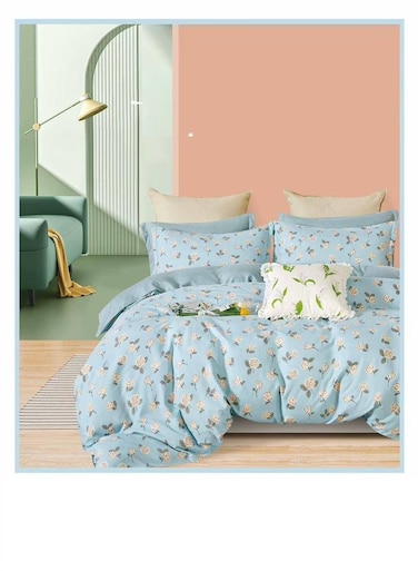 طقم مفروشات بيج مكون من 4 قطع - غطاء لحاف 160×210 سم + شرشف مطاطي + 2 غطاء وسادة، قطن 100%