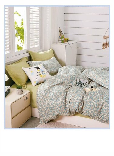 طقم مفروشات بيج مكون من 4 قطع - غطاء لحاف 160×210 سم + شرشف مطاطي + 2 غطاء وسادة، قطن 100%