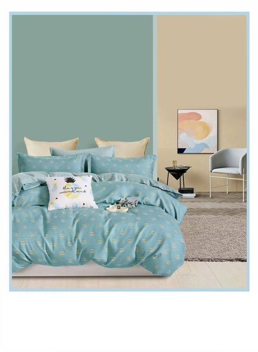 طقم مفروشات بيج مكون من 4 قطع - غطاء لحاف 160×210 سم + شرشف مطاطي + 2 غطاء وسادة، قطن 100%