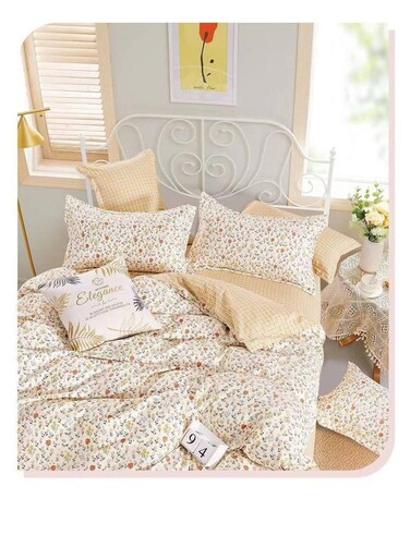 طقم مفروشات بيج مكون من 4 قطع - غطاء لحاف 160×210 سم + شرشف مطاطي + 2 غطاء وسادة، قطن 100%