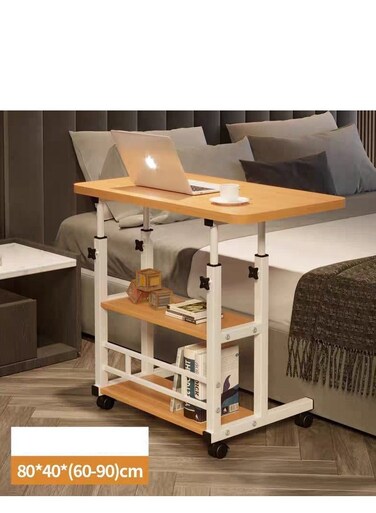 طاولة جانبية متحركة قابلة للتعديل للكمبيوتر المحمول - مكتب متحرك من طبقتين مع أرفف تخزين، ارتفاع قابل للتعديل (60-90 سم)، 80×40 سم