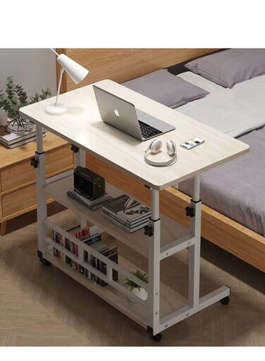 طاولة جانبية متحركة قابلة للتعديل للكمبيوتر المحمول - مكتب متحرك من طبقتين مع أرفف تخزين، ارتفاع قابل للتعديل (60-90 سم)، 80×40 سم