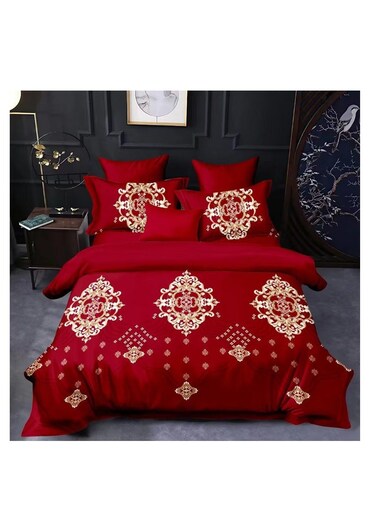 Baig 6-Pieces Glace Cotton Printed Fancy Comforters Set Fixed Duvet, Fitted Bedsheets And Pillowcase King Size F12