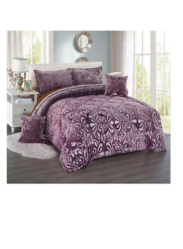 Generic 6 Pieces Set King Size Velvet, Faux Fur, Floral Pattern, Comforters Violet