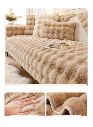 طقم بيج مكون من 3 قطع من أغطية الأرائك المخملية المقاومة للوبر، غطاء أريكة سميك ودافئ، غطاء مقعد أريكة بتغطية كاملة، مقاوم لشعر الحيوانات الأليفة، غطاء مانع للانزلاق ومرن